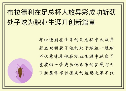 布拉德利在足总杯大放异彩成功斩获处子球为职业生涯开创新篇章 布拉德利在足总杯大放异彩成功斩获处子球为职业生涯开创新篇章