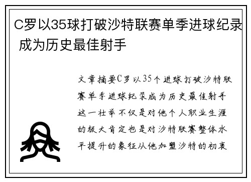 C罗以35球打破沙特联赛单季进球纪录 成为历史最佳射手 C罗以35球打破沙特联赛单季进球纪录 成为历史最佳射手