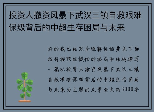 投资人撤资风暴下武汉三镇自救艰难保级背后的中超生存困局与未来